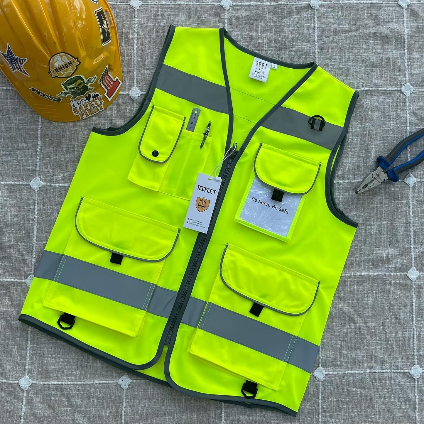 Hi Vis Vest 9 Pockets High Visibility Reflective Safety Vest for Men Women, Safety Construction Vest with Reflective Strips, Meets ANSI/ISEA Standards, (Yellow, Medium)