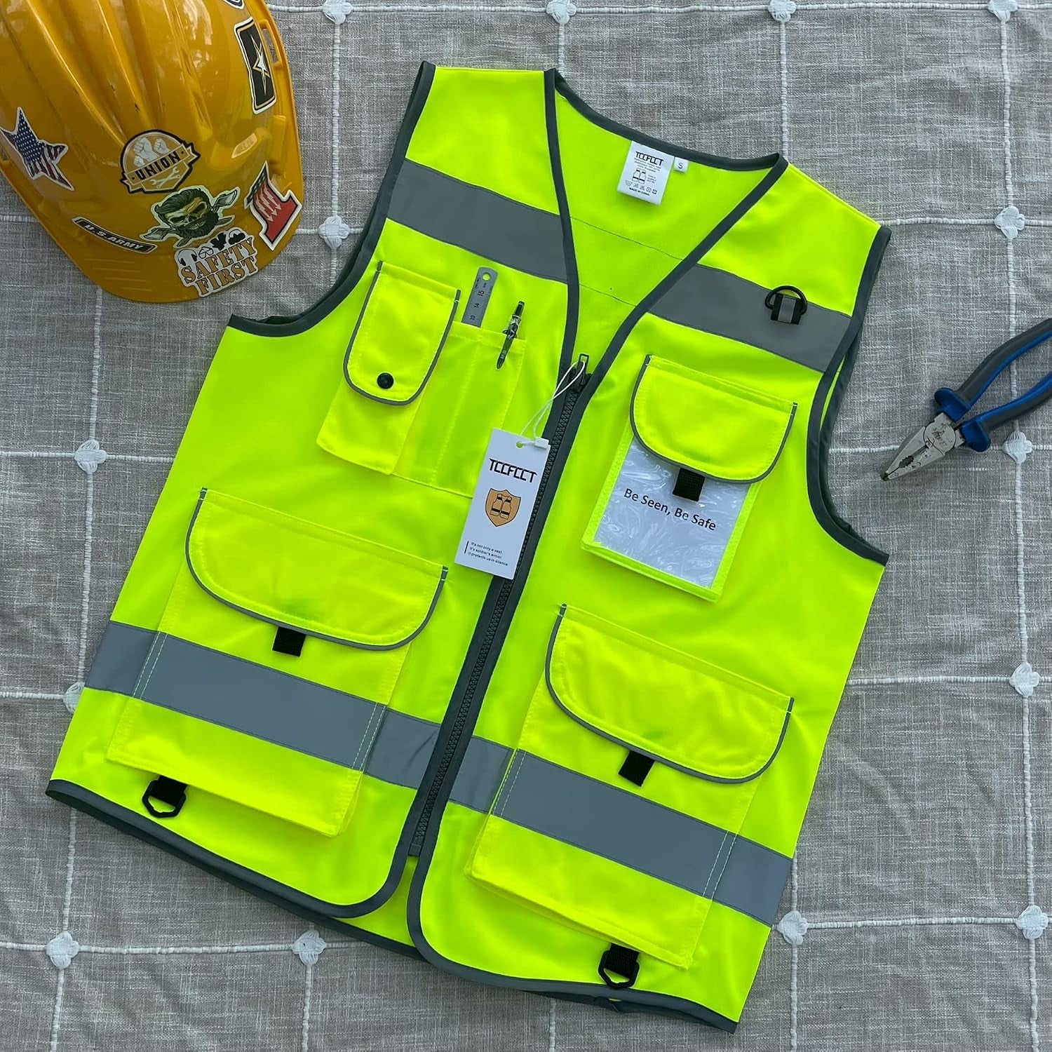 Hi Vis Vest 9 Pockets High Visibility Reflective Safety Vest for Men Women, Safety Construction Vest with Reflective Strips, Meets ANSI/ISEA Standards, (Yellow, Medium)