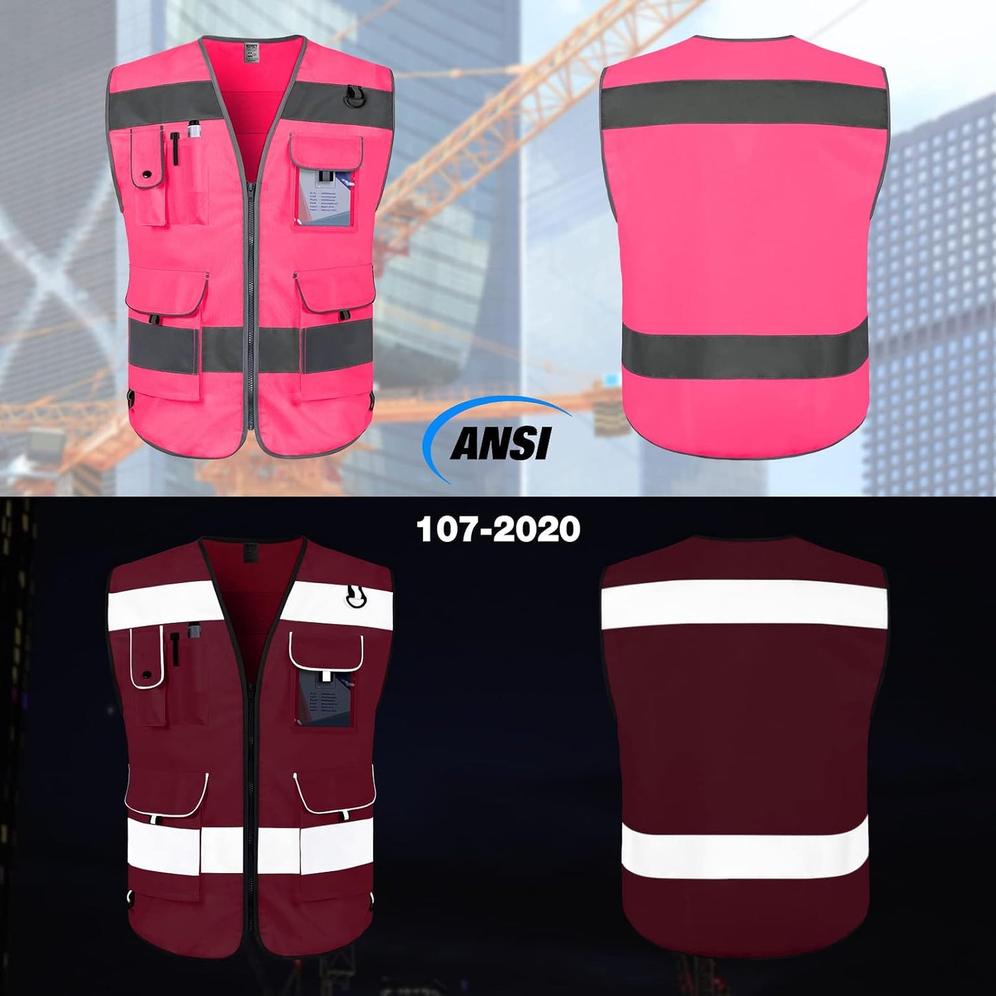Pink Safety Vest for Men Women 9 Pockets High Visibility Reflective Vest for Safety, Work Vest with Reflective Strips, Meets ANSI/ISEA Standards, Medium