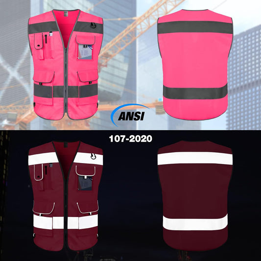 Pink Safety Vest for Men Women 9 Pockets High Visibility Reflective Vest for Safety, Work Vest with Reflective Strips, Meets ANSI/ISEA Standards, Medium