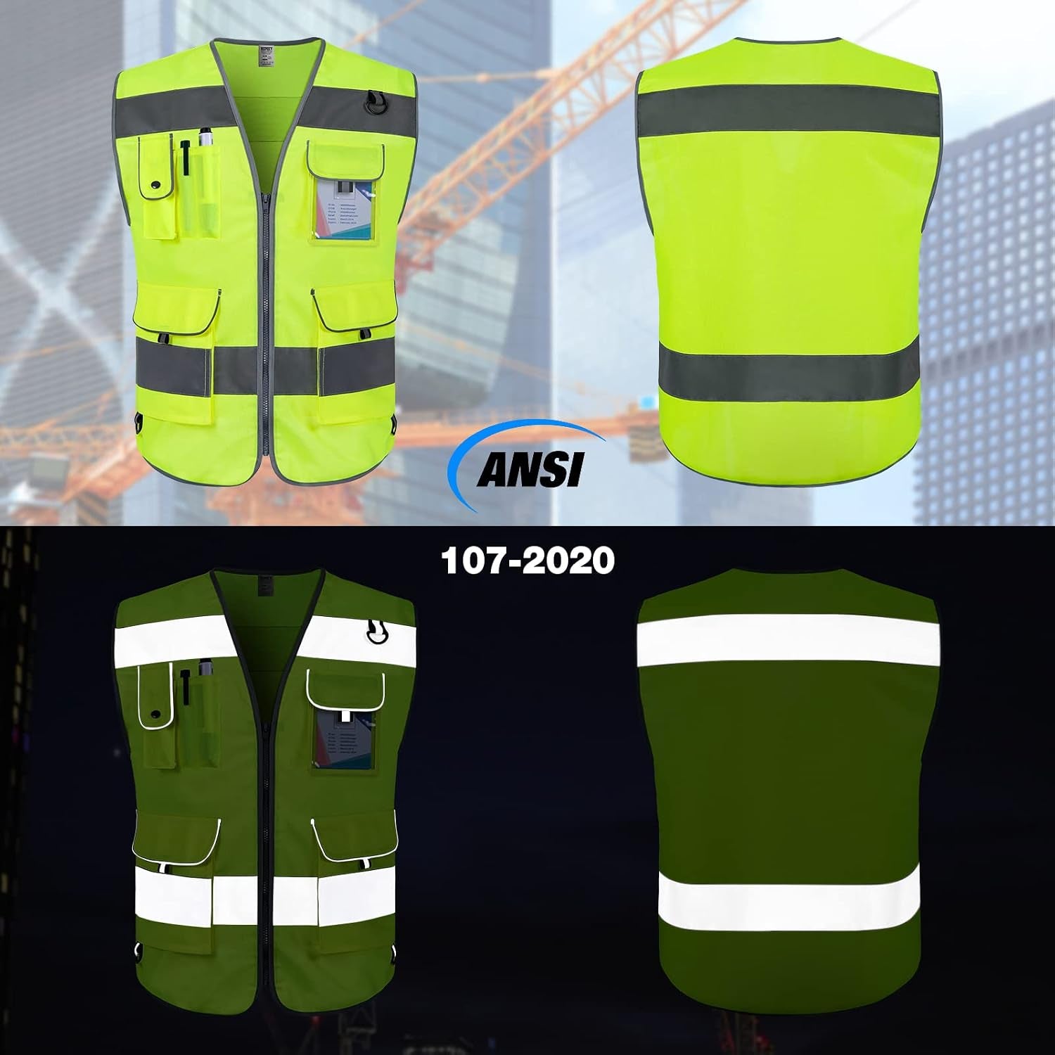 Hi Vis Vest 9 Pockets High Visibility Reflective Safety Vest for Men Women, Safety Construction Vest with Reflective Strips, Meets ANSI/ISEA Standards, (Yellow, Medium)