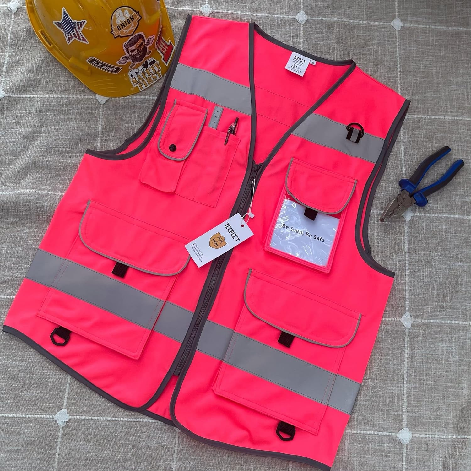 Pink Safety Vest for Men Women 9 Pockets High Visibility Reflective Vest for Safety, Work Vest with Reflective Strips, Meets ANSI/ISEA Standards, Medium