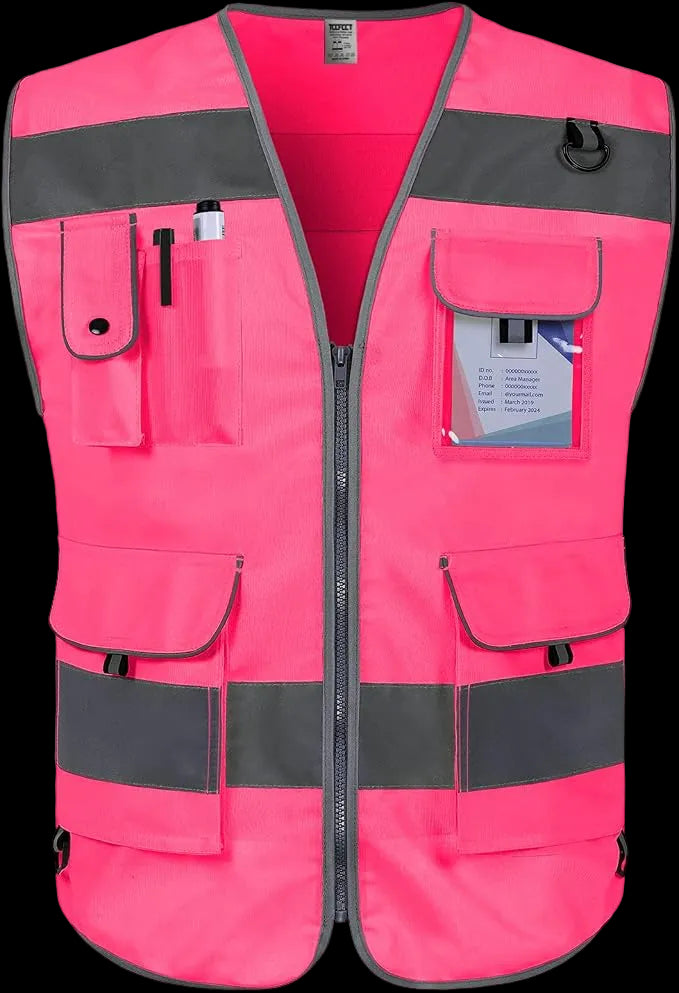 High-Visibility Reflective Pink Safety Vest (9 Pockets)