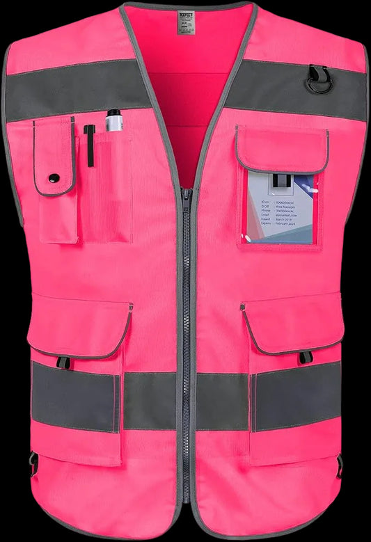 High-Visibility Reflective Pink Safety Vest (9 Pockets)
