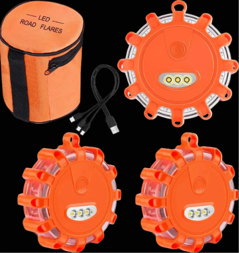 USB-C Rechargeable LED Road Flare Kit — 3 Magnetic Emergency Beacons (9 Modes)