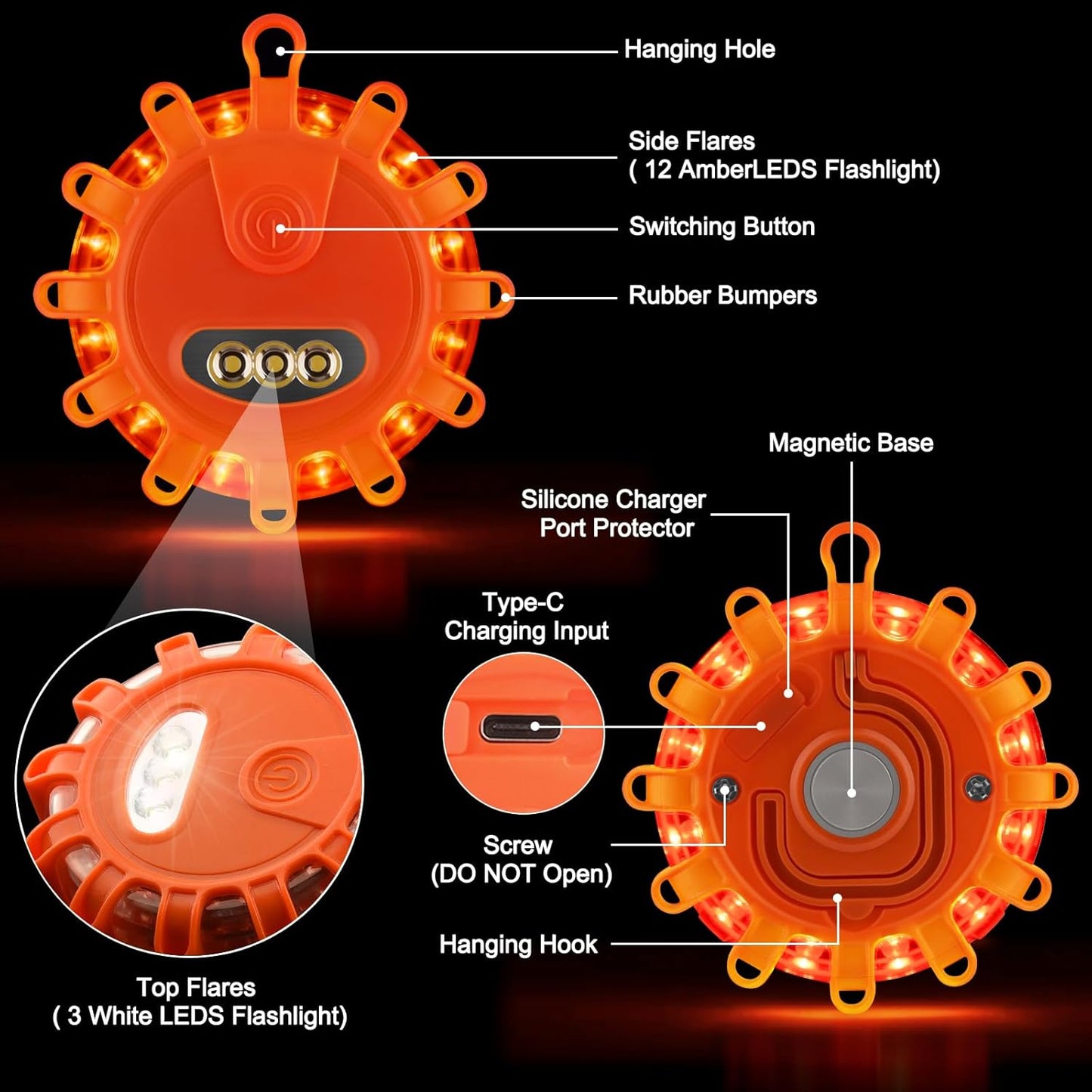 USB Rechargeable LED Road Flares Emergency Lights with Magnetic Base, 9 Strobe Options Roadside Emergency Warning Car Safety Beacon Flashing Disc Flare Kit for Vehicles & Boat (Orange Lights, 3 Pack)